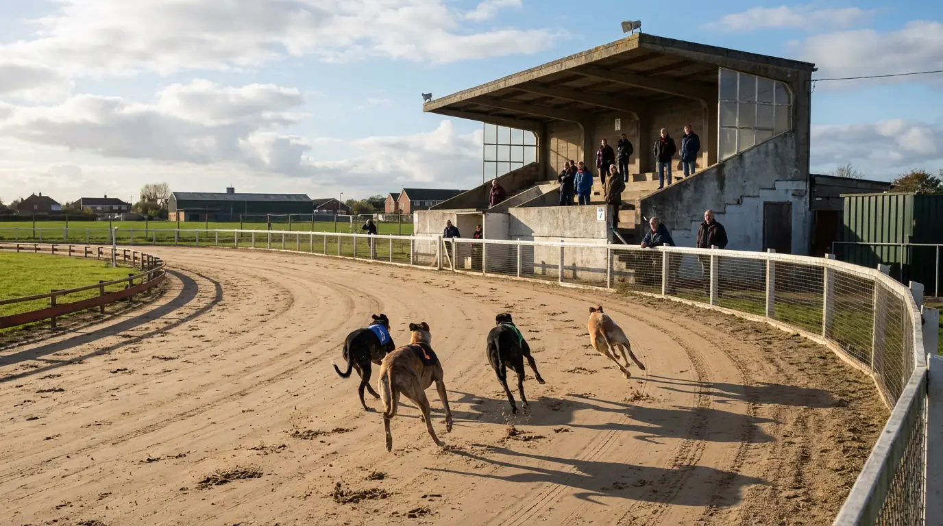Afternoon greyhound race in progress at a small UK BAGS track in daylight