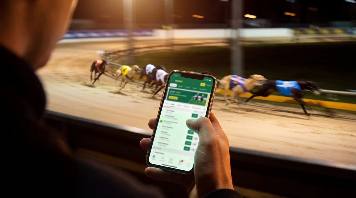 Best greyhound betting sites UK — a smartphone showing live greyhound racing odds at a track