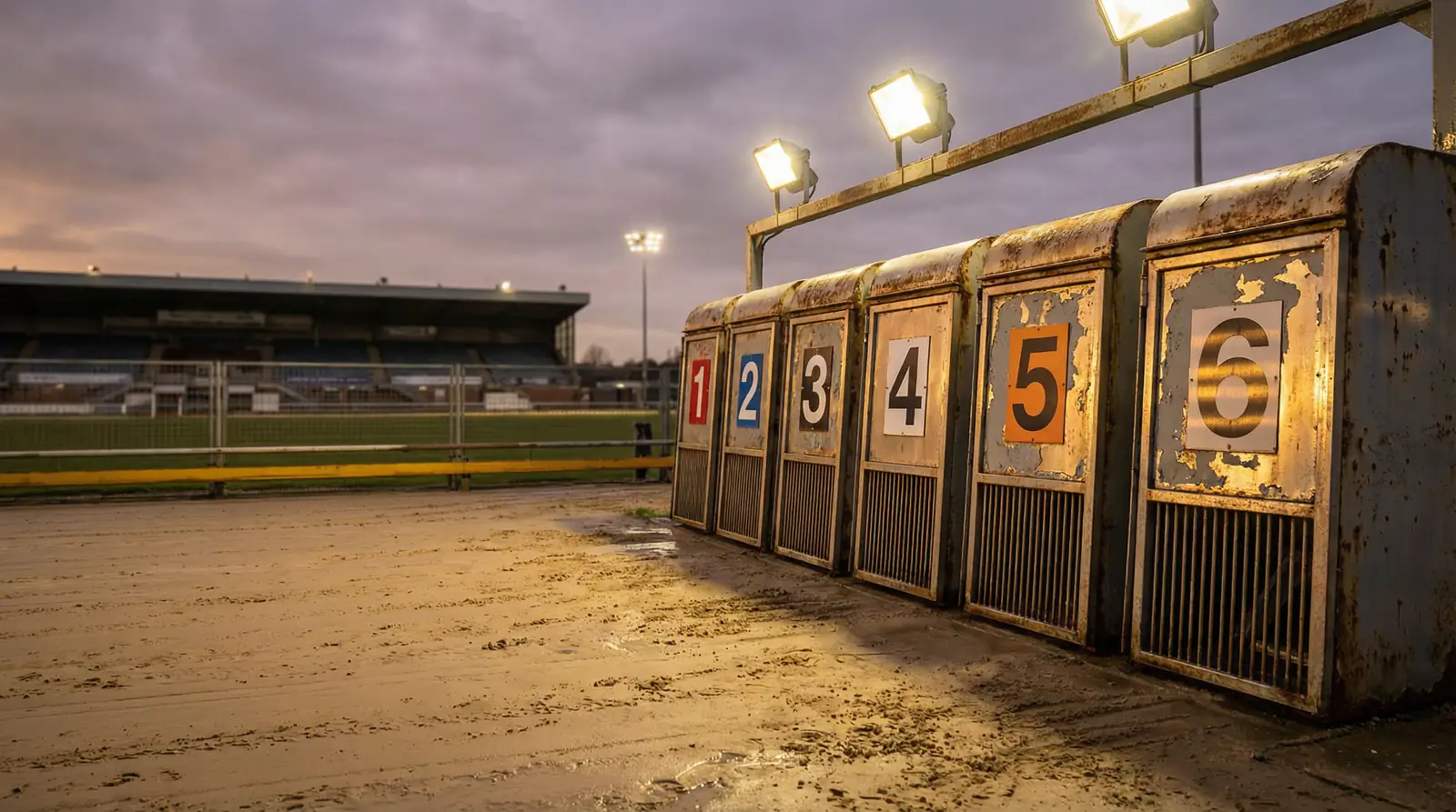 Starting traps at a UK greyhound stadium moments before a race under bright floodlights