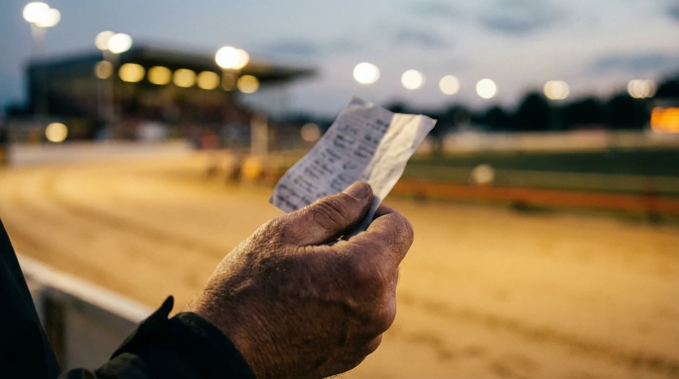 Punter holding a betting slip at a UK greyhound stadium with the track in the background