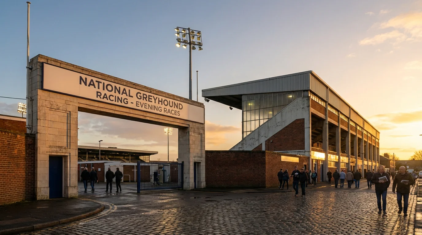 Towcester greyhound stadium exterior with evening lights before a major race meeting
