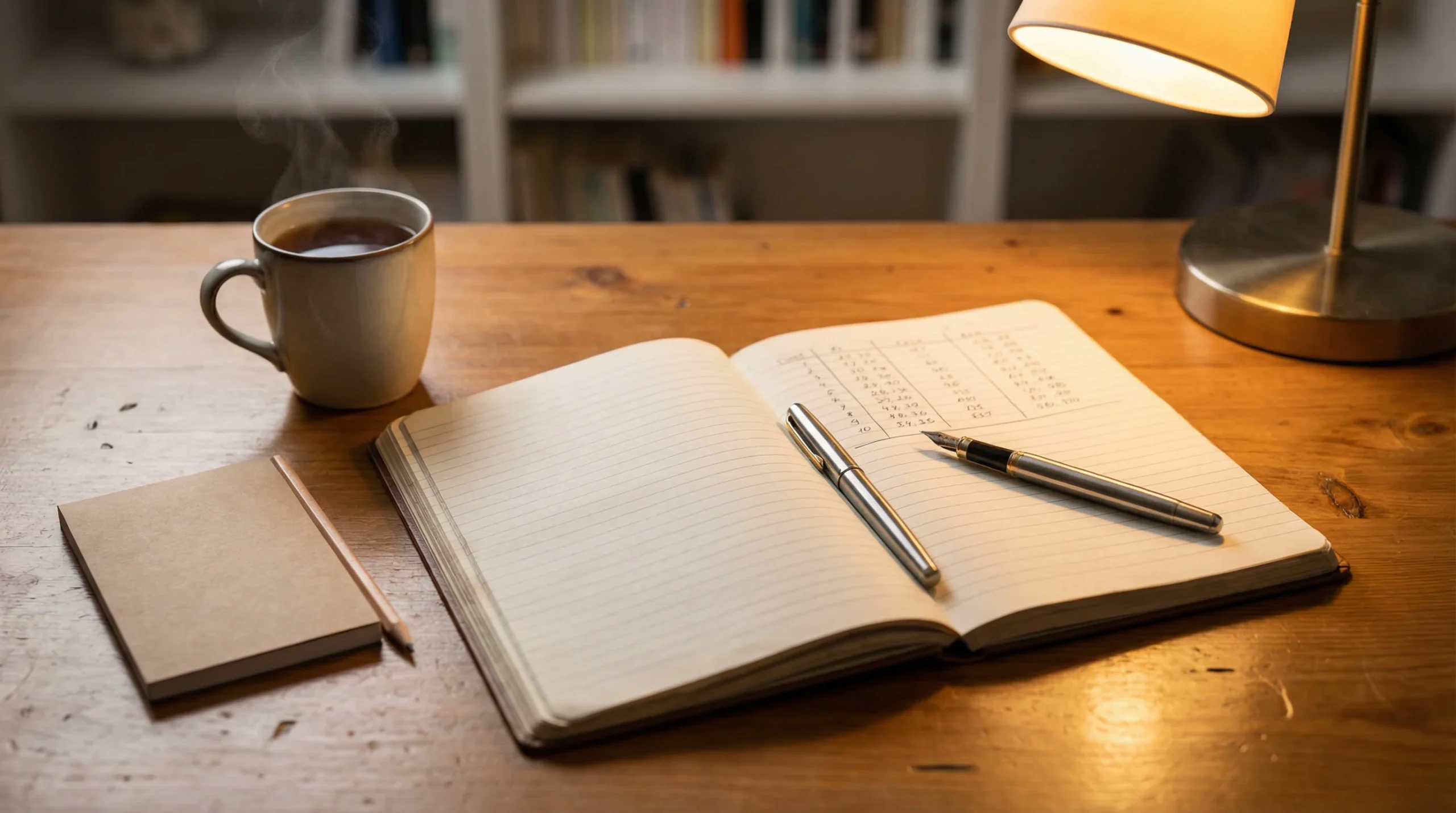 Notebook with a handwritten staking plan and a pen on a tidy desk