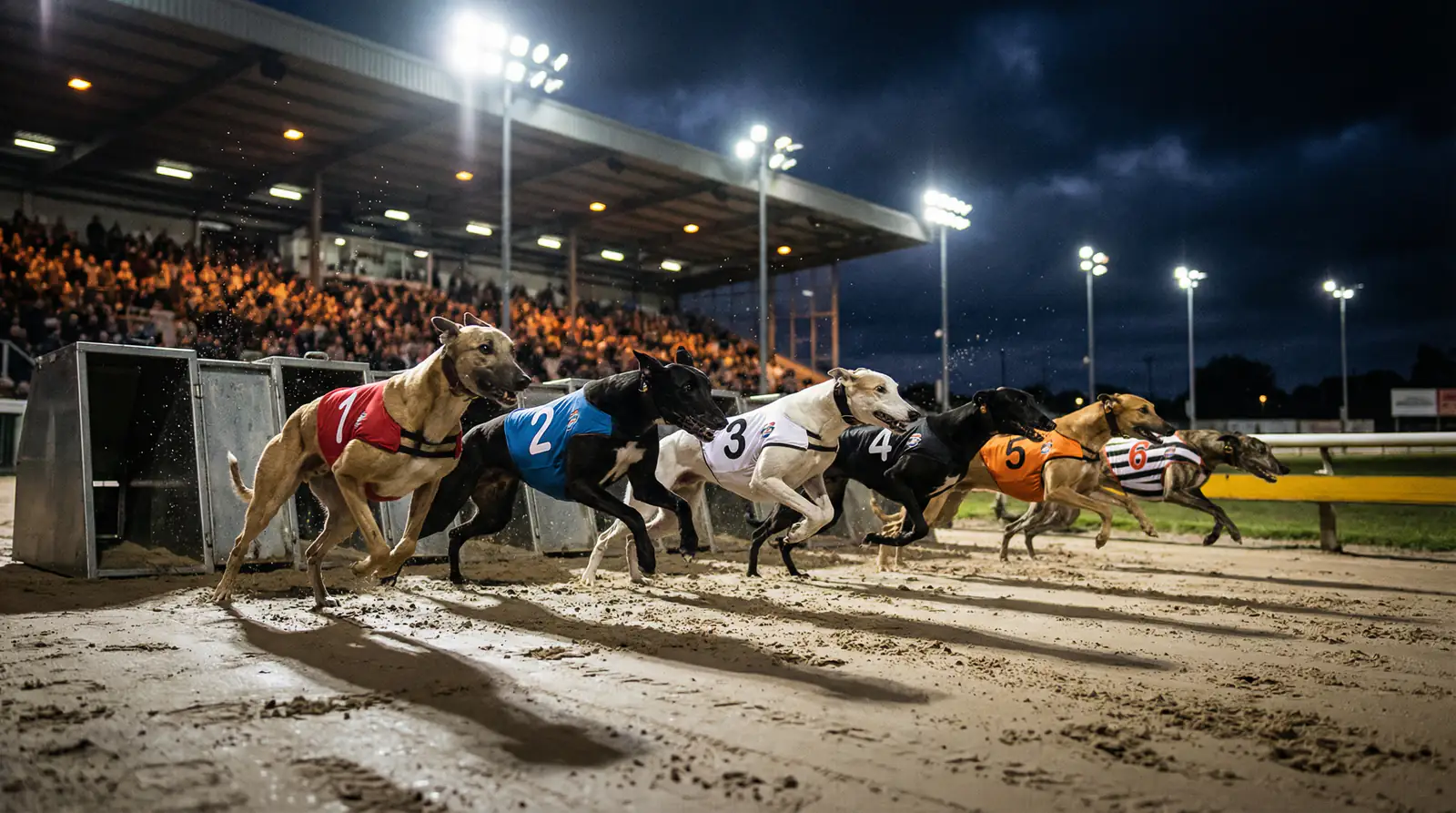 Greyhound bet types explained — racing dogs sprinting out of traps on a floodlit track