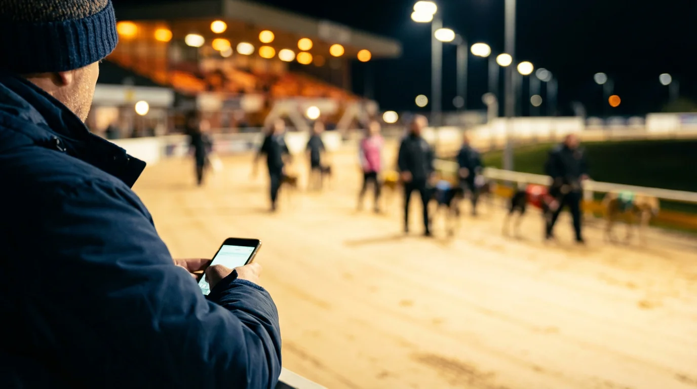 Person holding a smartphone at a greyhound stadium with the track visible behind