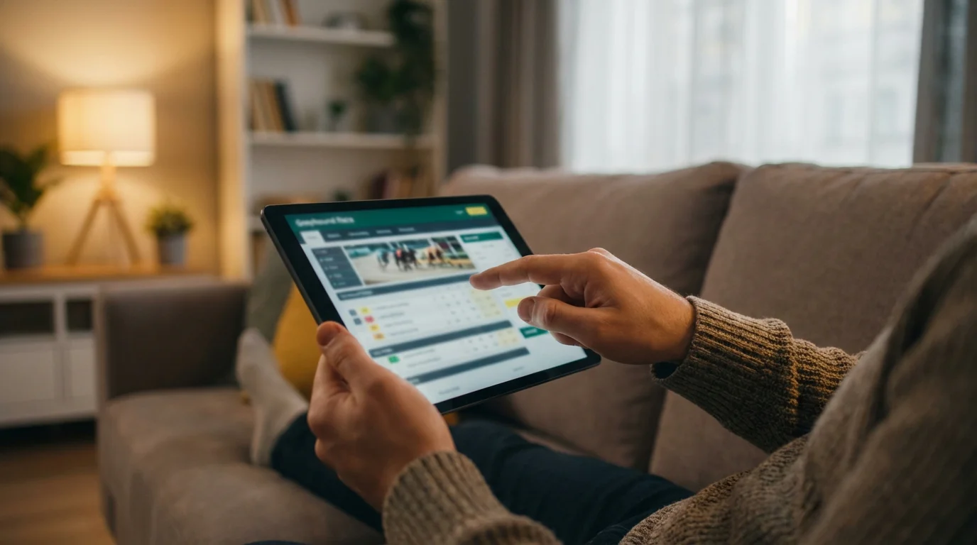 Person placing a bet on a tablet device with a greyhound race on screen