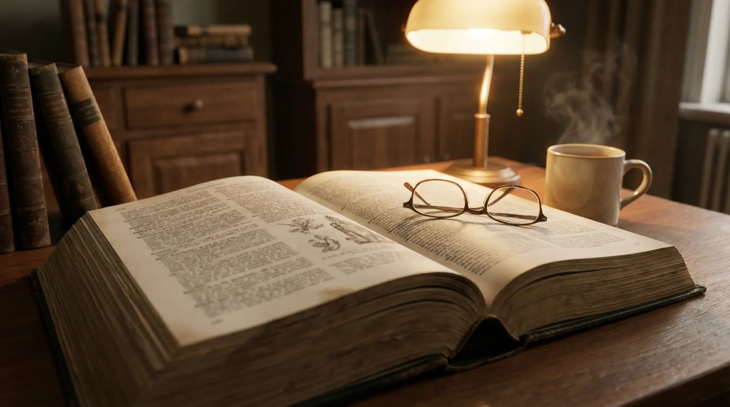 Open dictionary-style book on a desk with reading glasses and a cup of tea