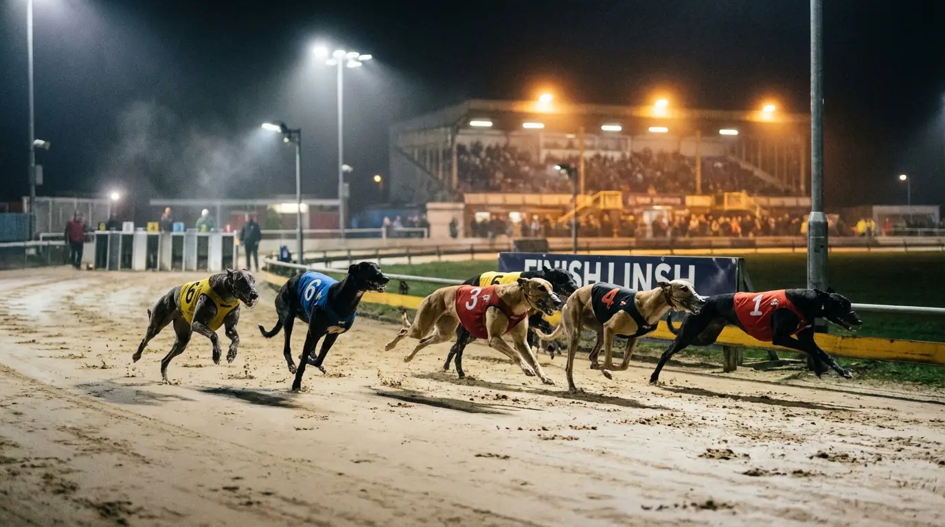 Greyhound racing track with six dogs sprinting past the finish line under floodlights