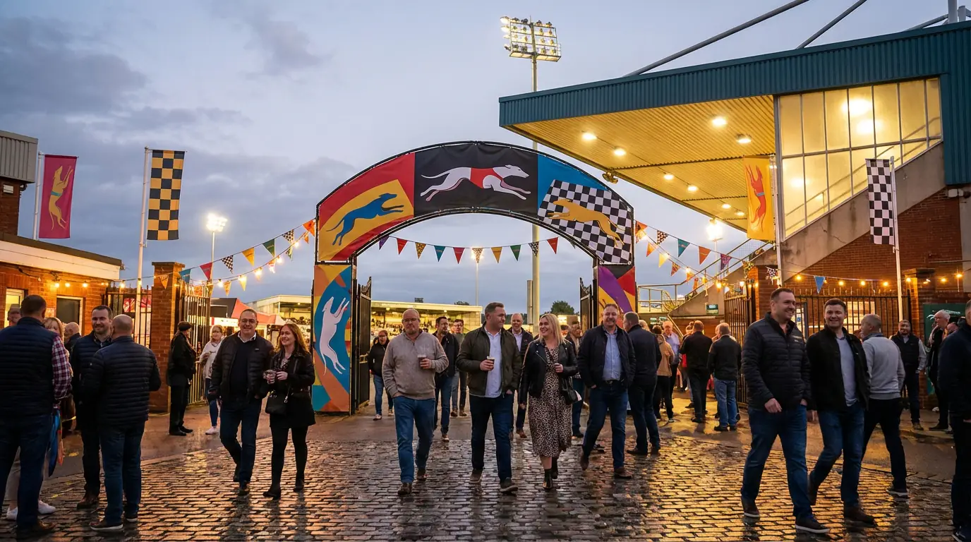 Colourful promotional banners at the entrance of a UK greyhound racing stadium