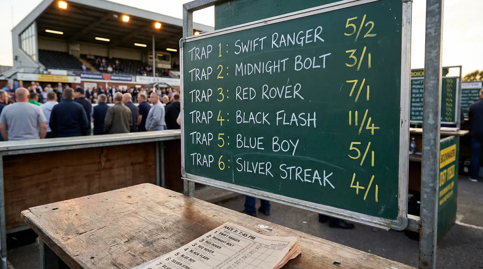Close-up of a greyhound race card and betting odds displayed on a bookmaker board at a UK track