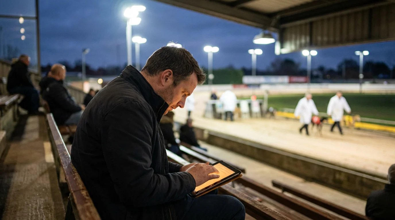 Greyhound betting strategy — a punter studying form on a tablet beside a greyhound racetrack