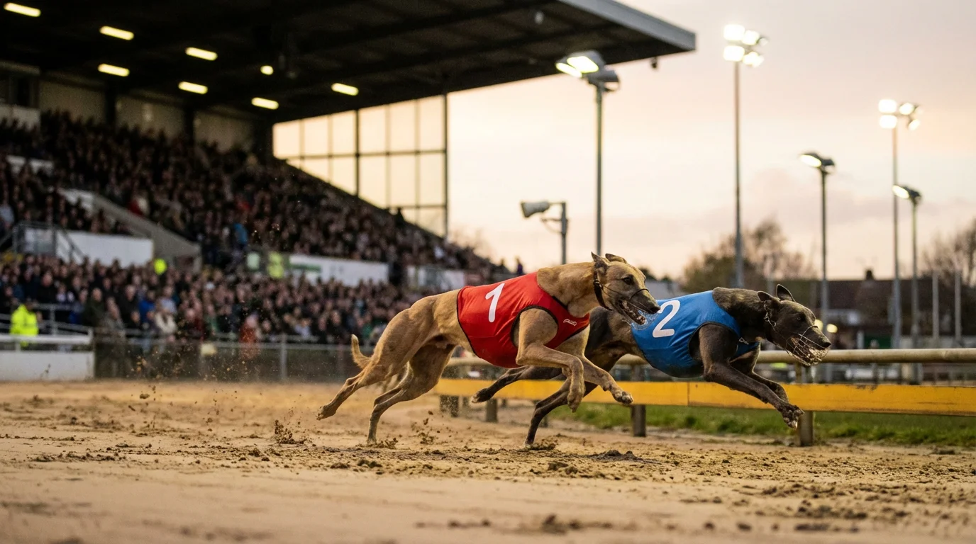Close-up of two greyhounds racing neck and neck on a sand track at a UK stadium