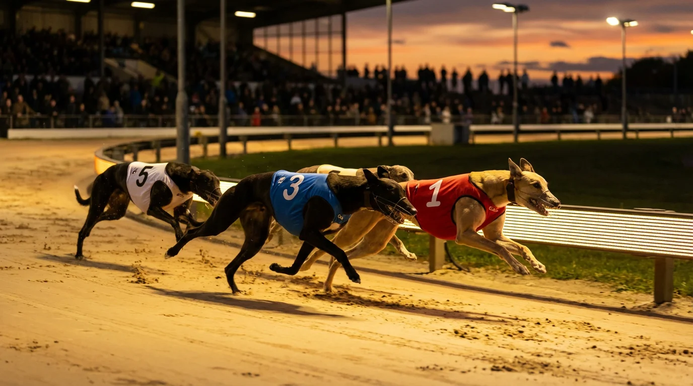 Three greyhounds crossing the finish line in close order at a floodlit racing stadium