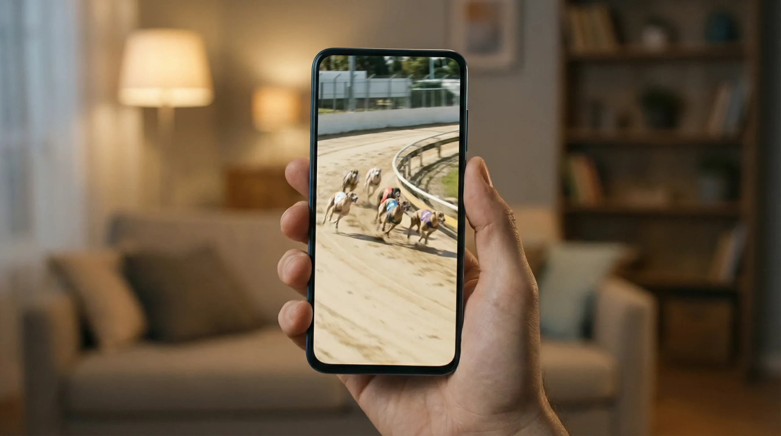 Smartphone displaying a live greyhound race stream held in a person's hand