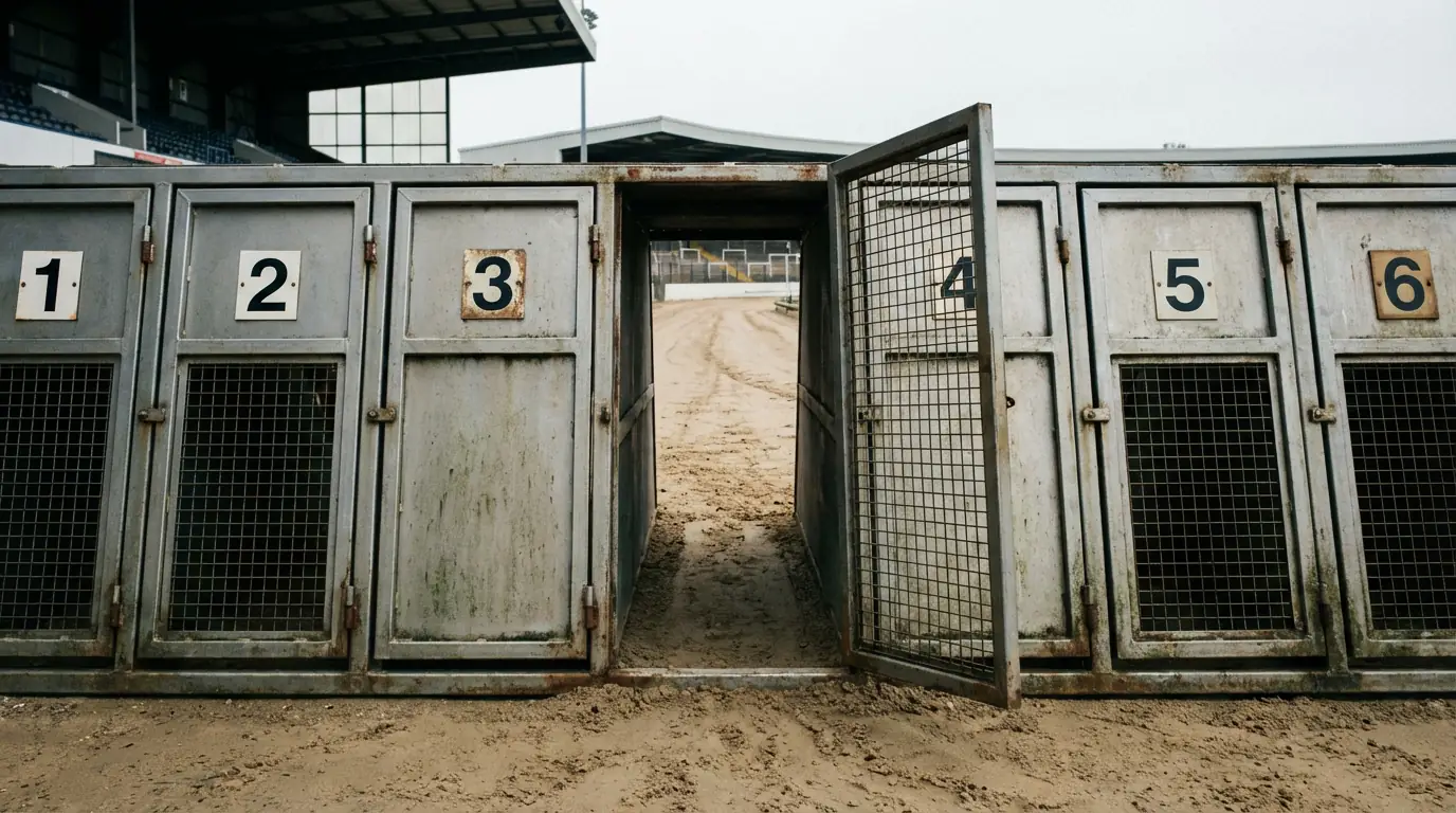An empty greyhound starting trap with the door open at a UK racing stadium