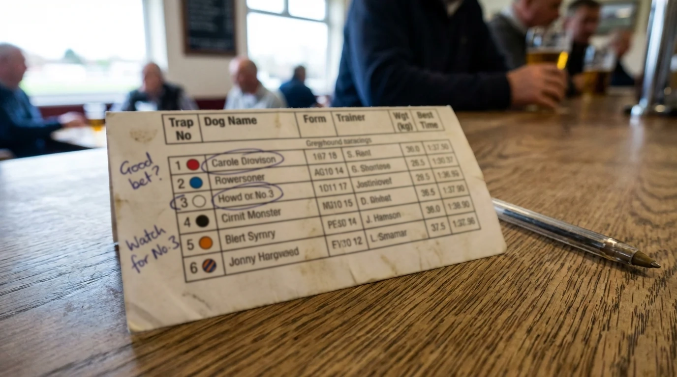 Printed greyhound race card showing form figures, trap draws, weights and sectional times for six runners