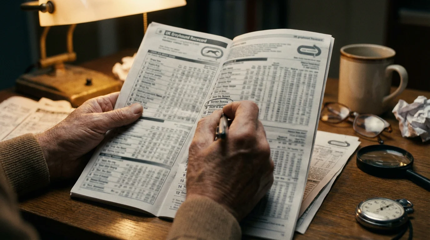 Person studying a greyhound racing racecard with a pen in hand