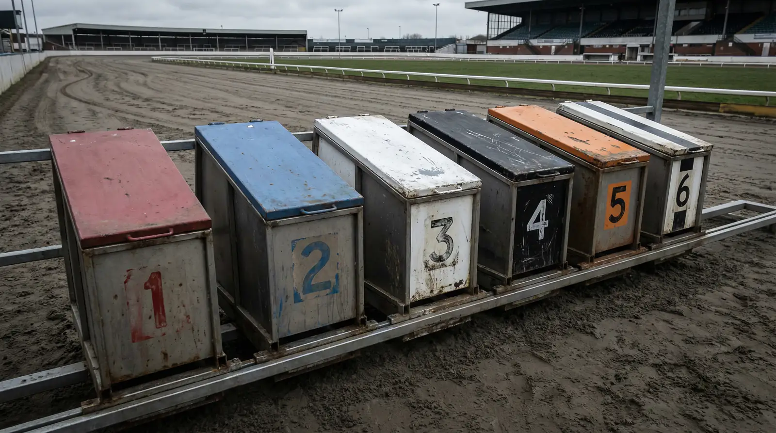 Six numbered greyhound racing traps with coloured jackets showing red, blue, white, black, orange and striped