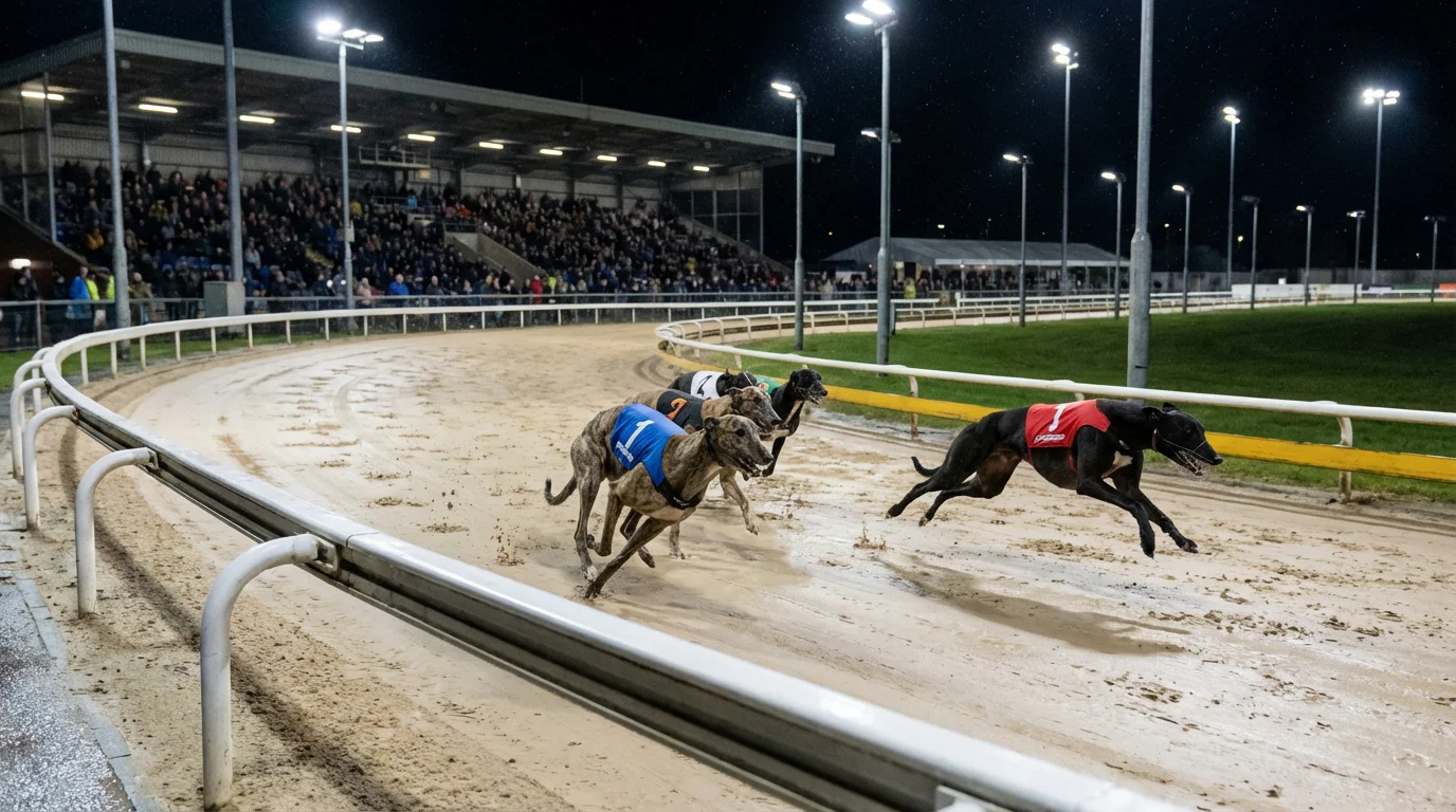 Greyhounds navigating a bend with one dog leading on the rail and another closing wide