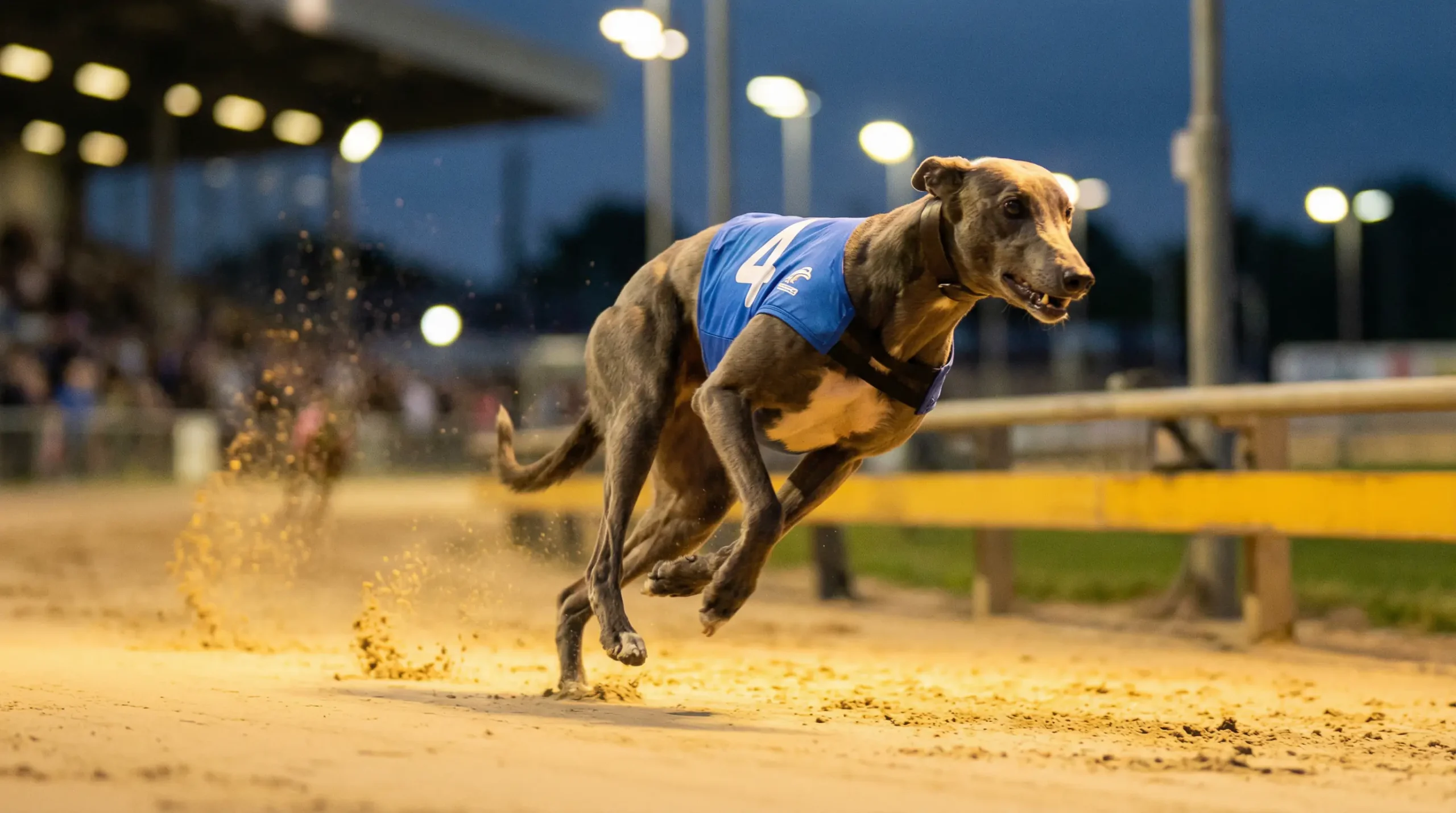 A greyhound in full sprint on a sand track captured with dramatic motion blur