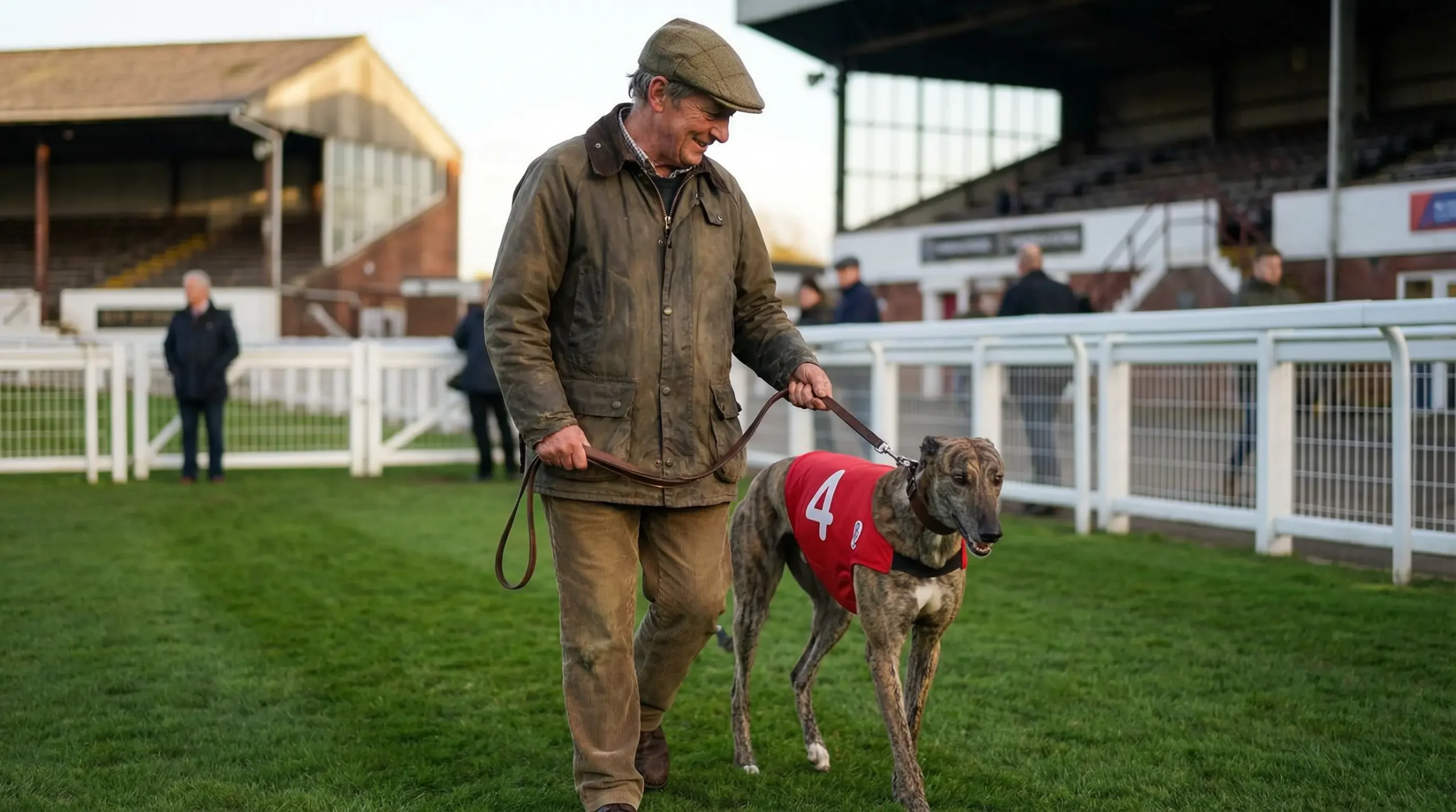 Greyhound trainer leading a dog in a racing jacket through the paddock at a UK stadium