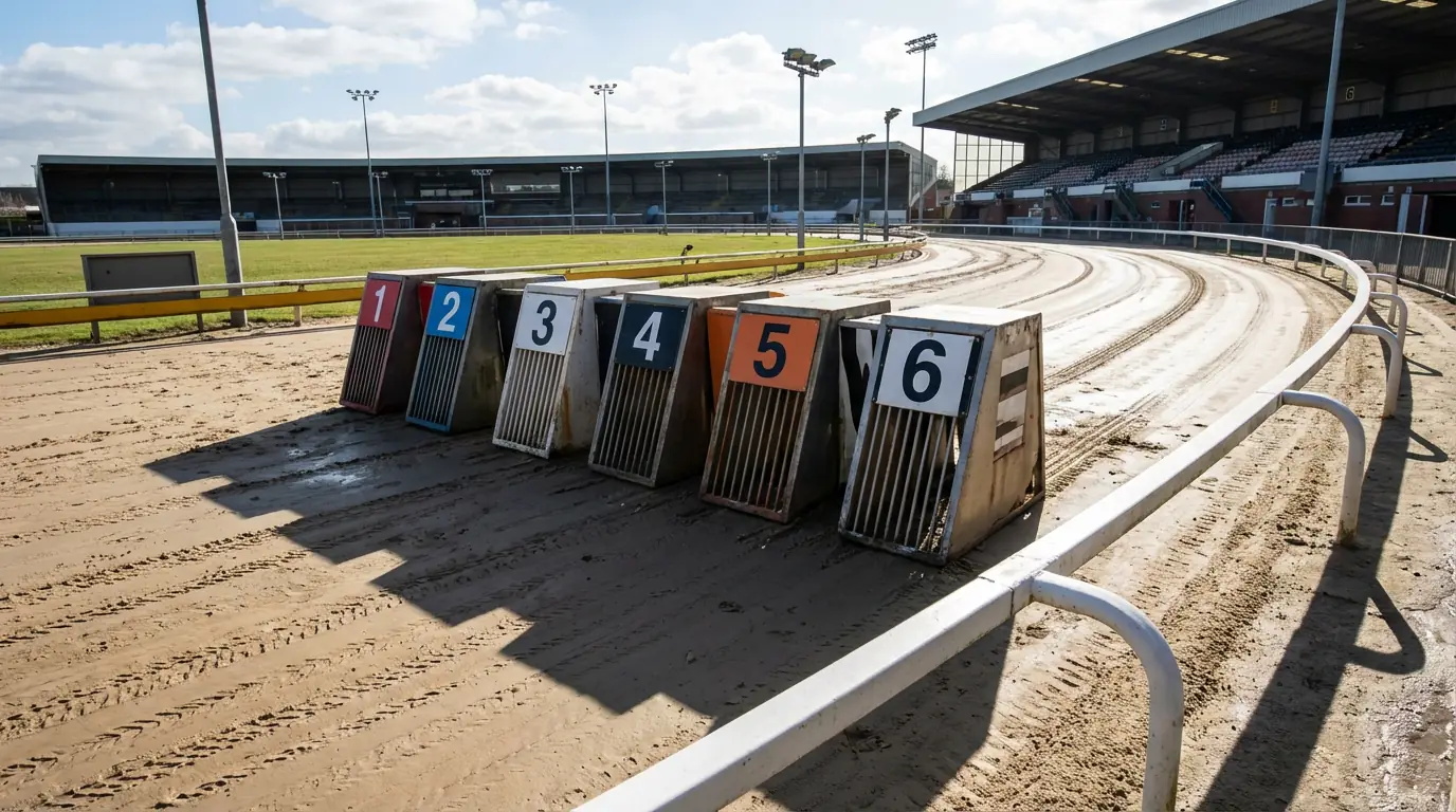 Overhead view of six greyhound starting traps numbered one to six on a sand track