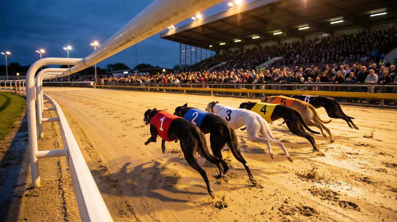 Greyhounds rounding the first bend in numbered racing jackets at a UK track