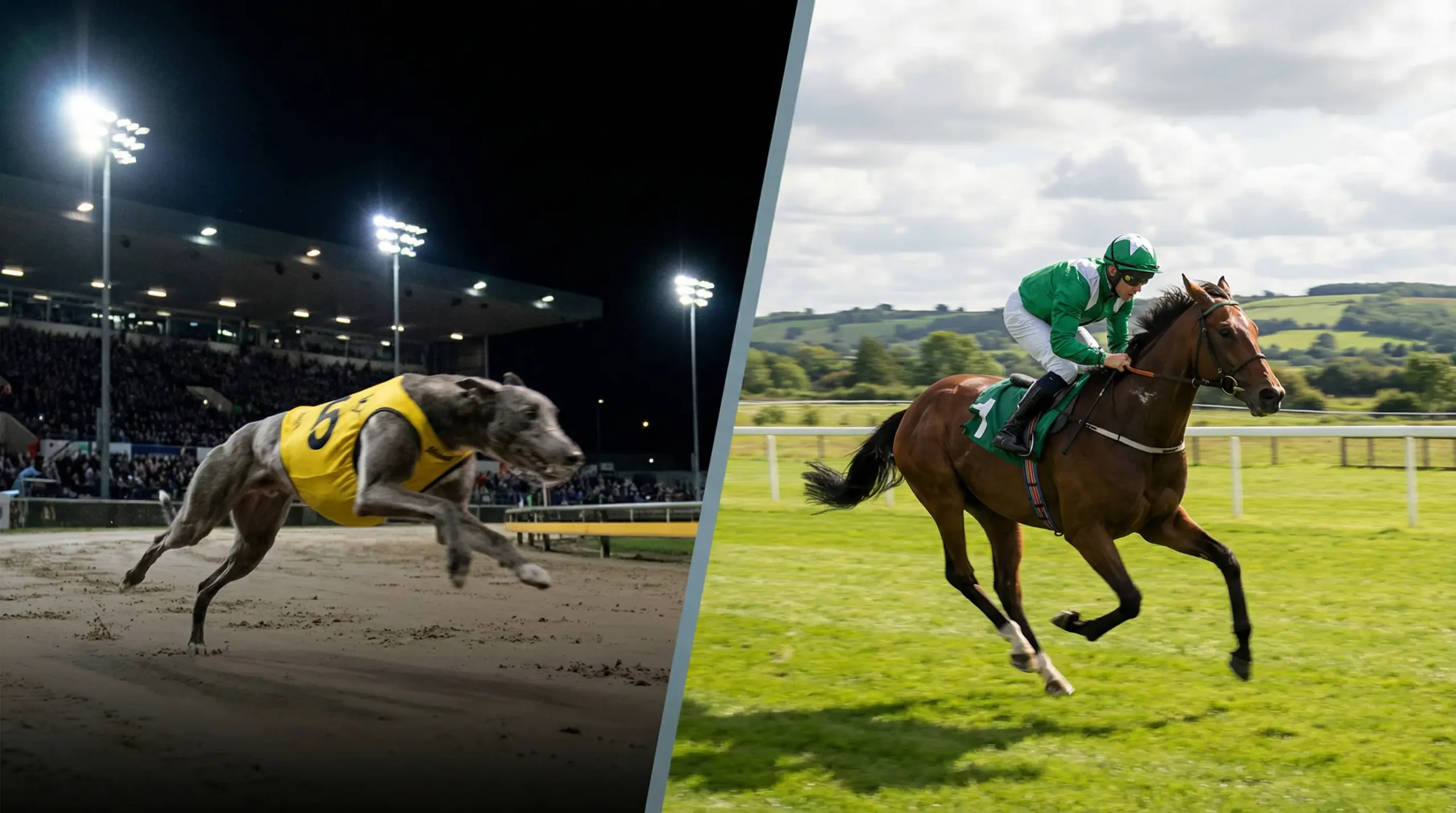 Split scene showing a greyhound on a sand track and a horse on a turf track