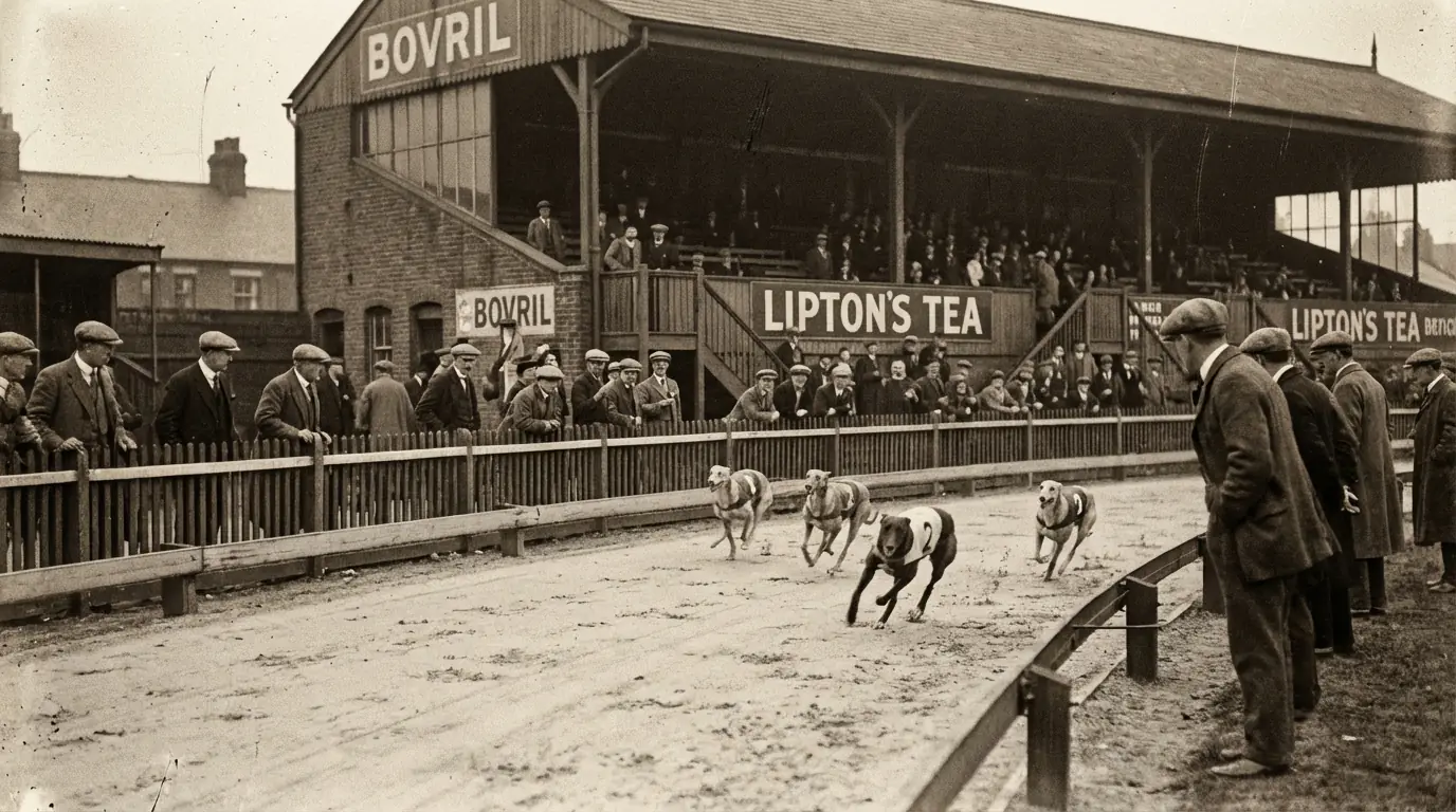 Vintage-style black and white photograph of a greyhound race at an old UK stadium