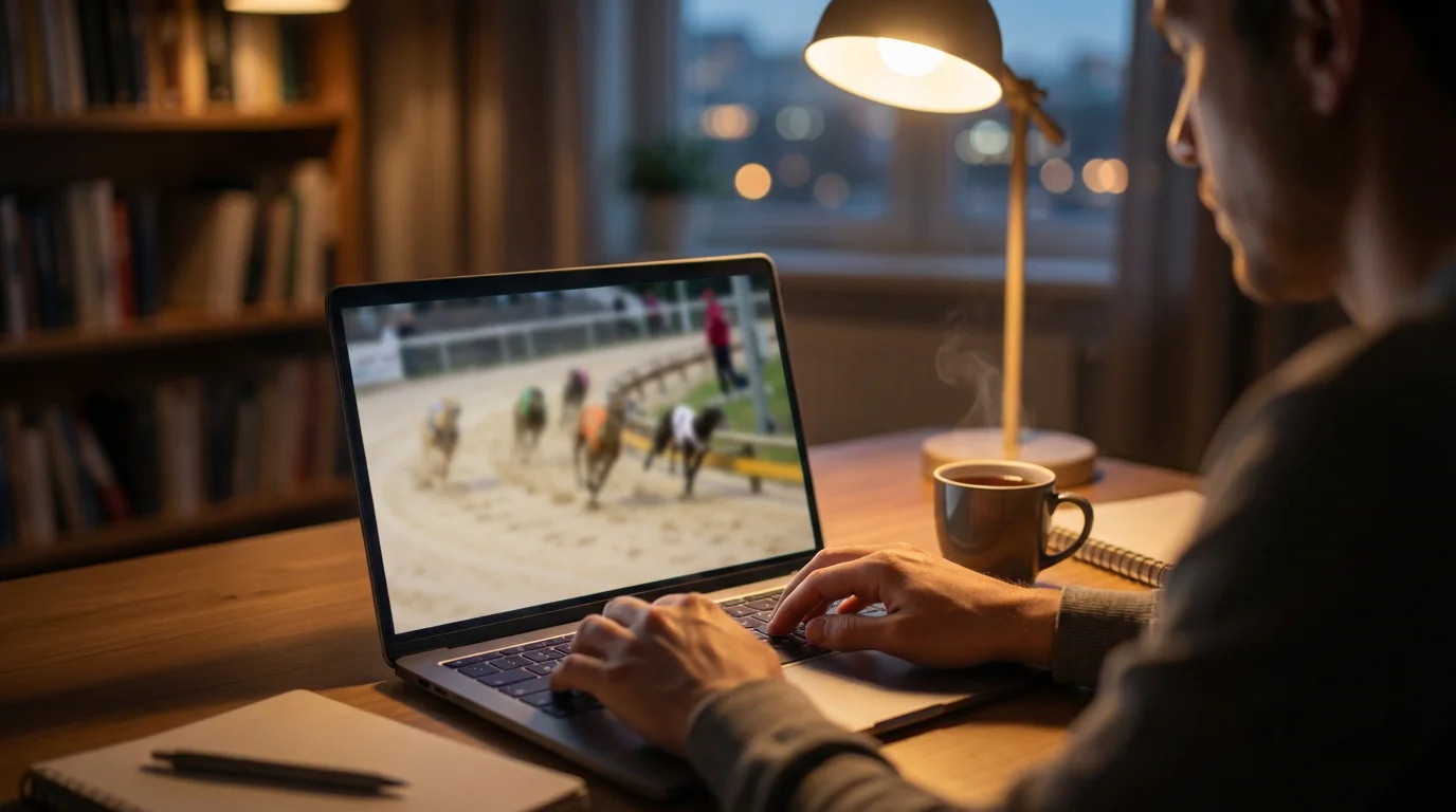 Person using a laptop with a greyhound racing event displayed on the screen