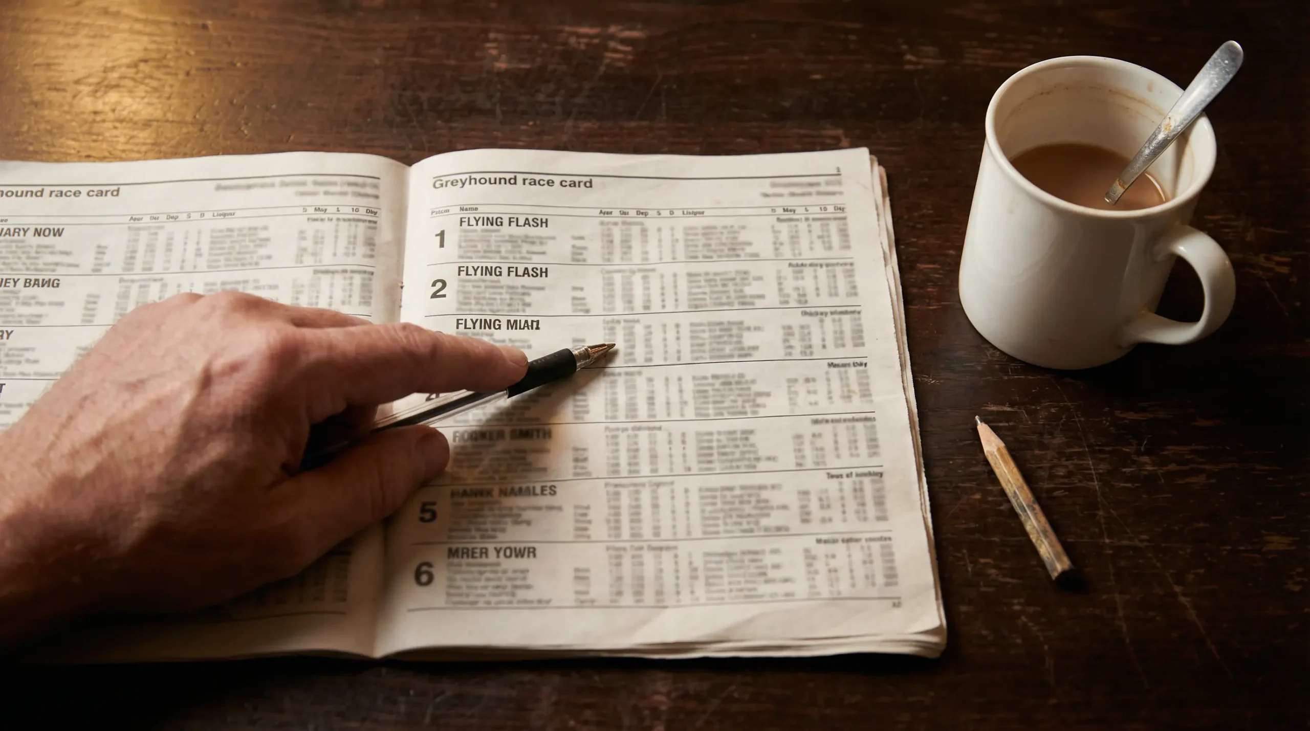 How to read a greyhound race card — close-up of a printed form guide on a trackside table