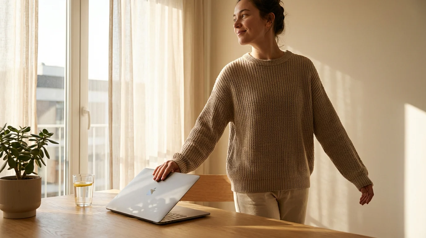Person calmly closing a laptop and stepping away from a desk in a bright room