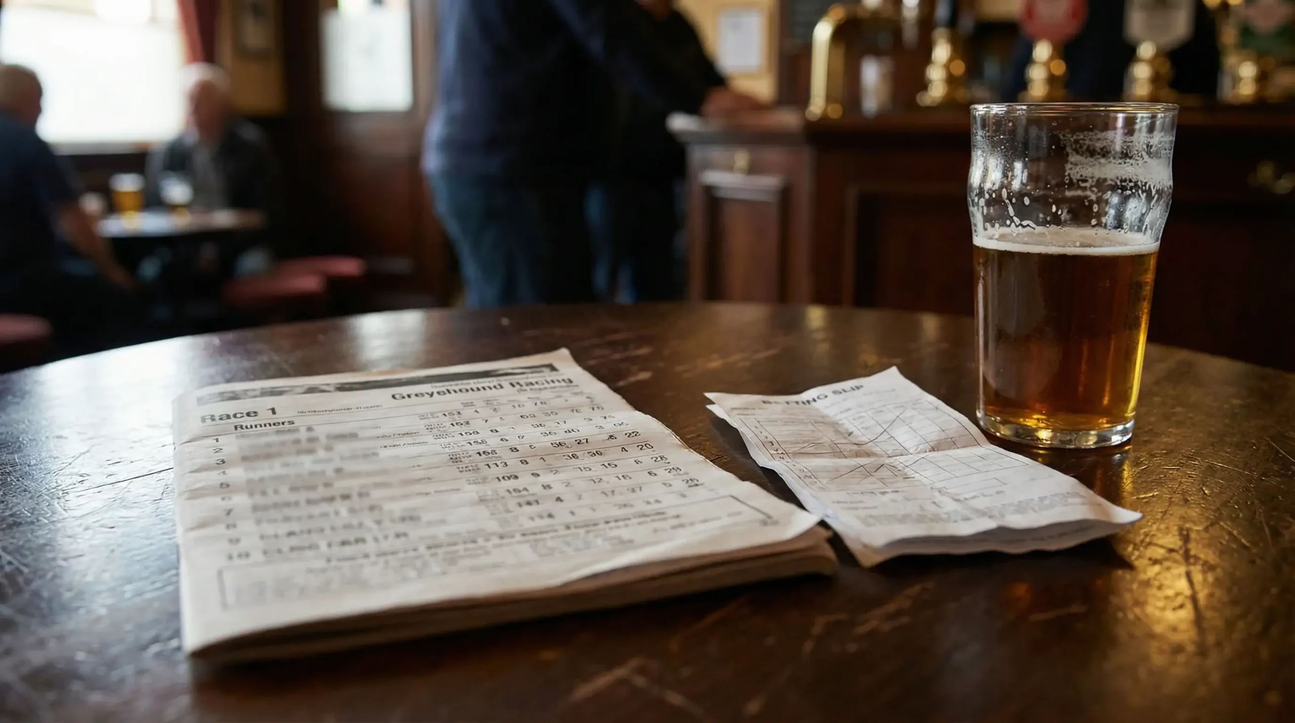 Close-up of a greyhound racing programme and betting slip on a wooden table