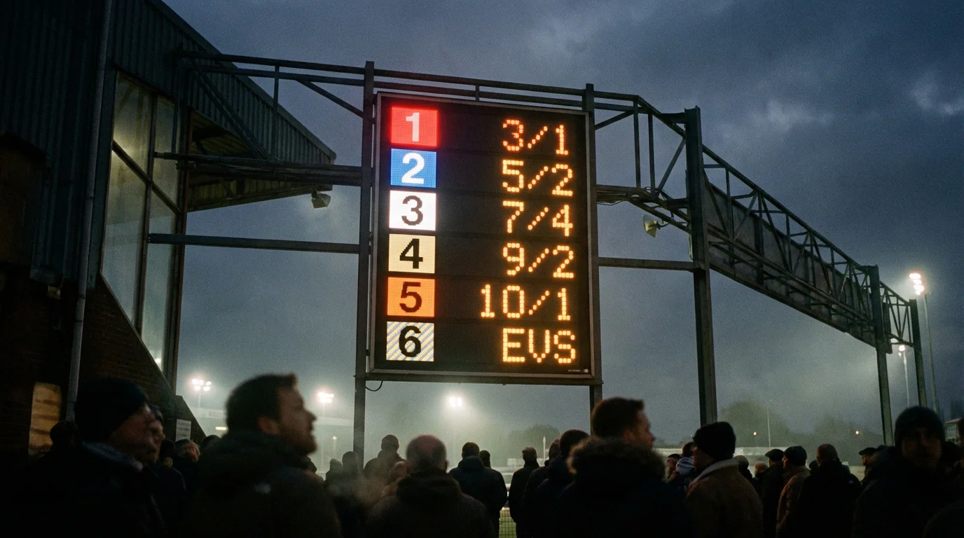 Electronic odds board at a UK greyhound stadium showing prices for six runners