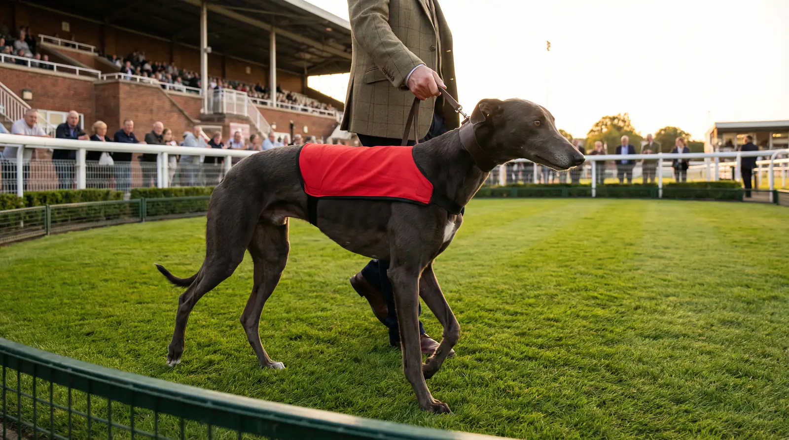A greyhound in a racing jacket walking calmly in the parade ring at a UK stadium