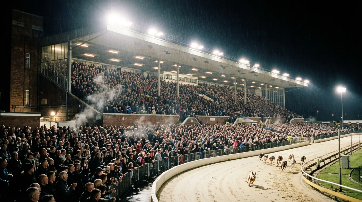 Packed grandstand at a major UK greyhound racing event under floodlights