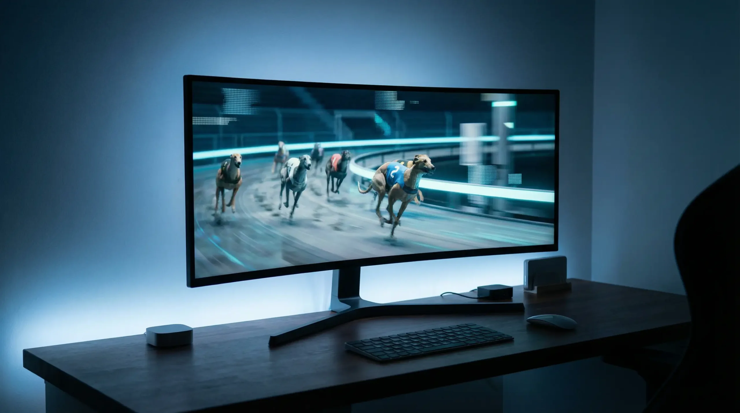 Monitor screen displaying a computer-generated greyhound race in a modern setting